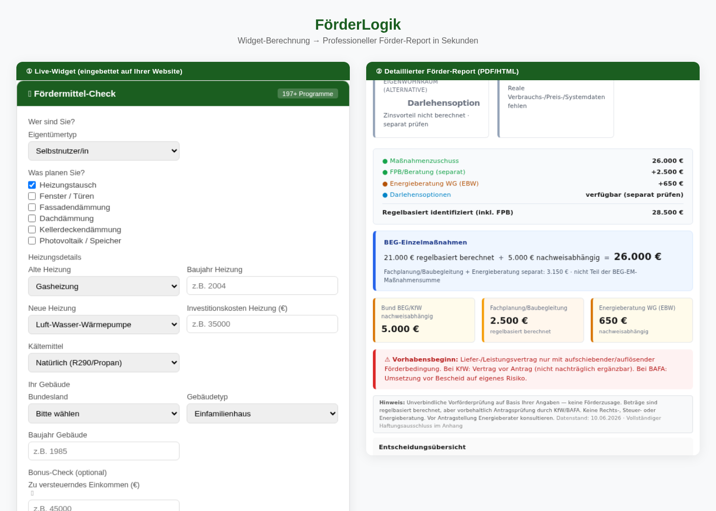 Eingabeformular links, generierter PDF-Förderreport rechts